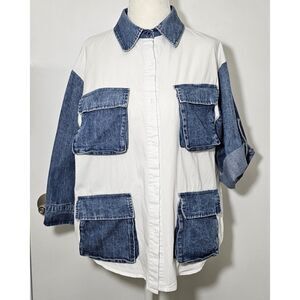 Pastel Women Denim Patch Pockets Button Down Blouse Top Sz S Cotton White Blue